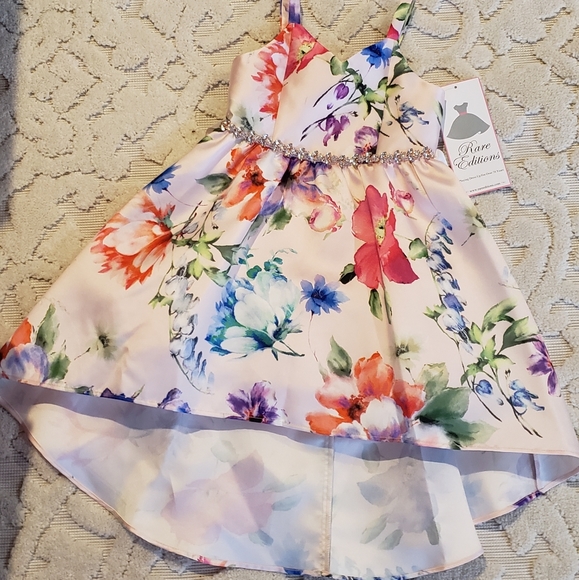 Little Girls 2T Floral-Printed Satin Hi Low Dress - Picture 2 of 5